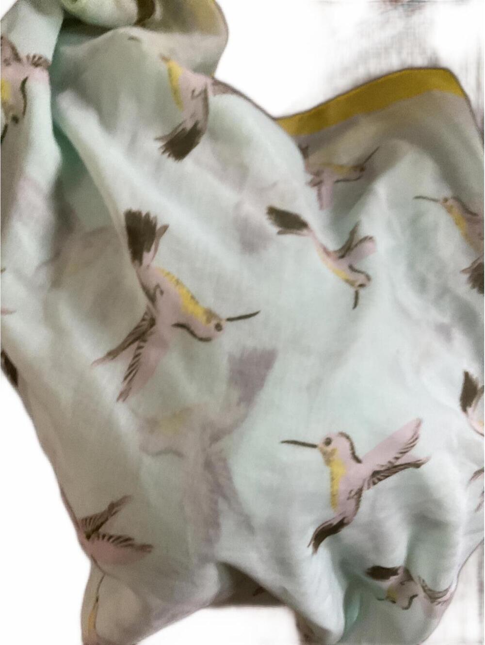 Lightweight Scarf with Hummingbird Print and Yellow Border Over Size